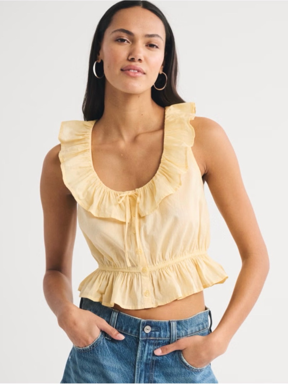 Abercrombie & Fitch Ruffle Scoop-Neck Button-Through Tank in Sunny Yellow